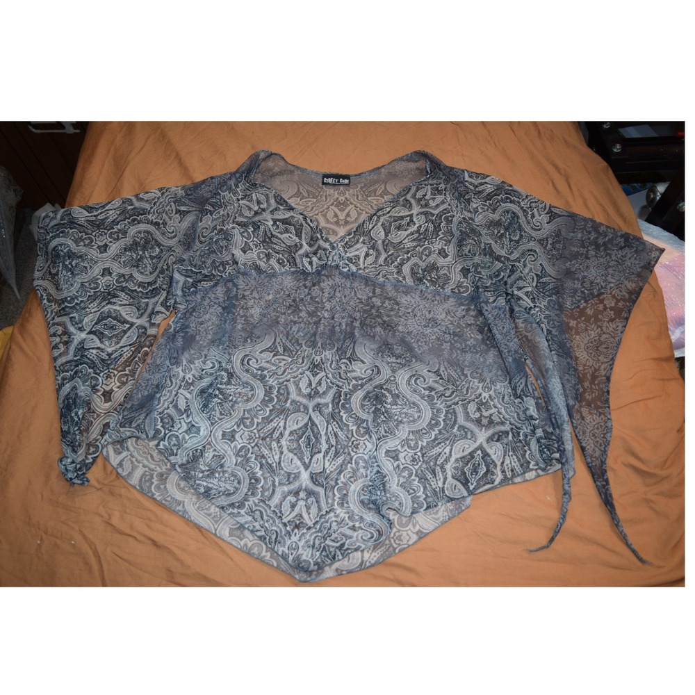 Womens Blue Paisley Sheer Mesh Tie Sleeve Handkerchief Hem Blouse Plus 1X 2X